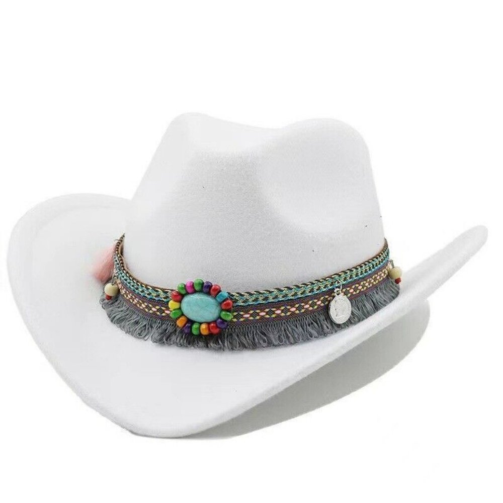 White Western Cowboy, Cowgirl Hat, Bead Tassle Strap, Men Women Retro Wide Brim‎